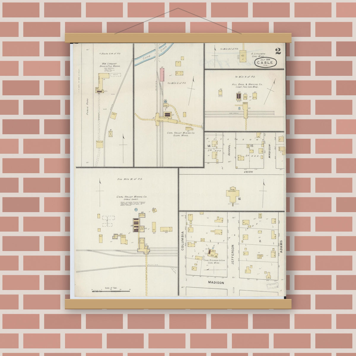 Old map wall art mockup — magnetic wood frame on brick wall — Sanborn Fire Insurance Map from Cable, Mercer County, Illinois (1894), Sheet #0002