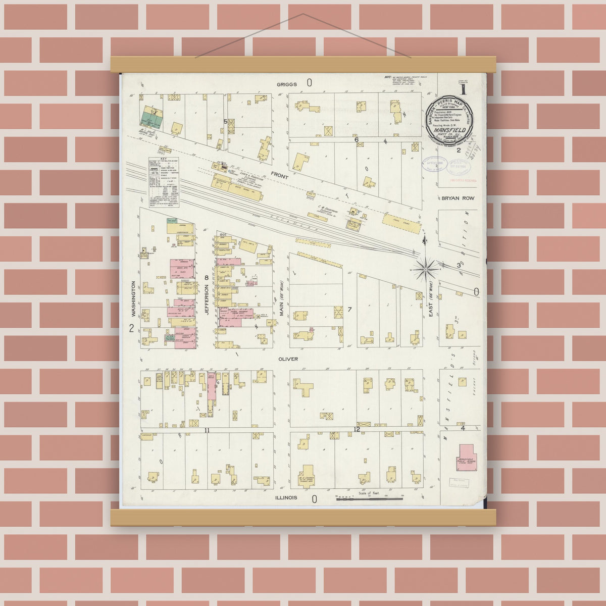 Old map wall art mockup — magnetic wood frame on brick wall — Sanborn Fire Insurance Map from Mansfield, Piatt County, Illinois (1898) - Complete Map Set