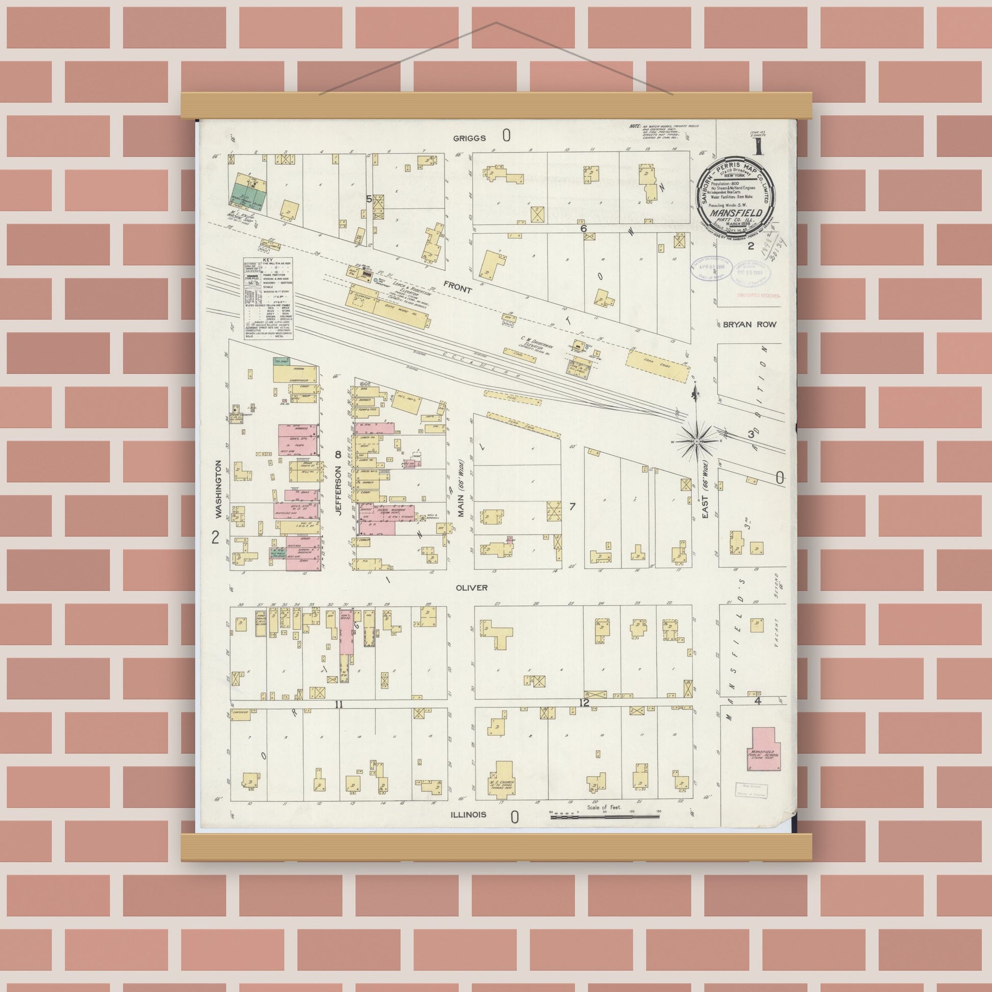 Old map wall art mockup — magnetic wood frame on brick wall — Sanborn Fire Insurance Map from Mansfield, Piatt County, Illinois (1898) - Complete Map Set