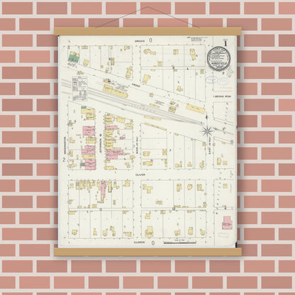 Old map wall art mockup — magnetic wood frame on brick wall — Sanborn Fire Insurance Map from Mansfield, Piatt County, Illinois (1898) - Complete Map Set