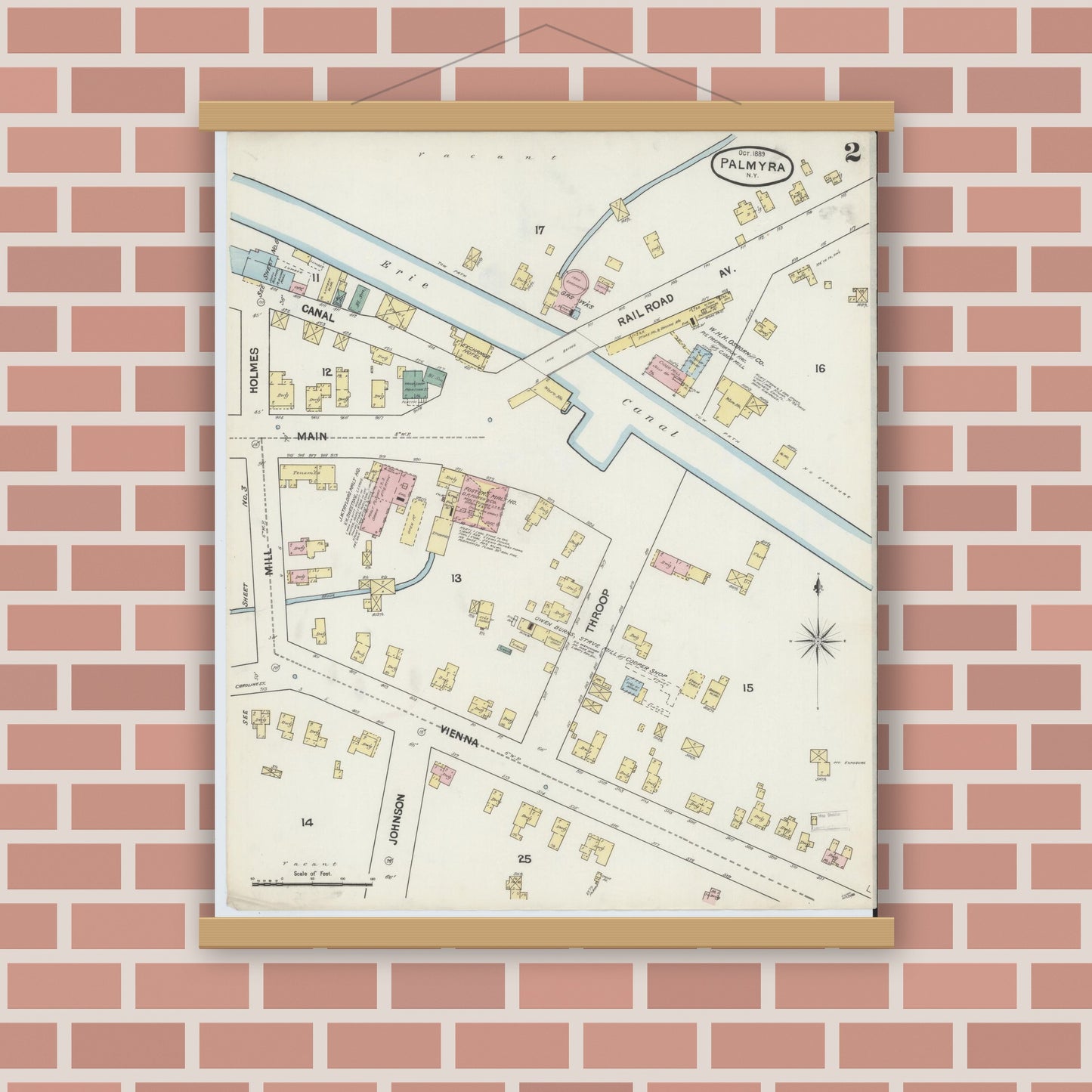 Old map wall art mockup — magnetic wood frame on brick wall — Sanborn Fire Insurance Map from Palmyra, Wayne County, New York (1889) - Complete Map Set