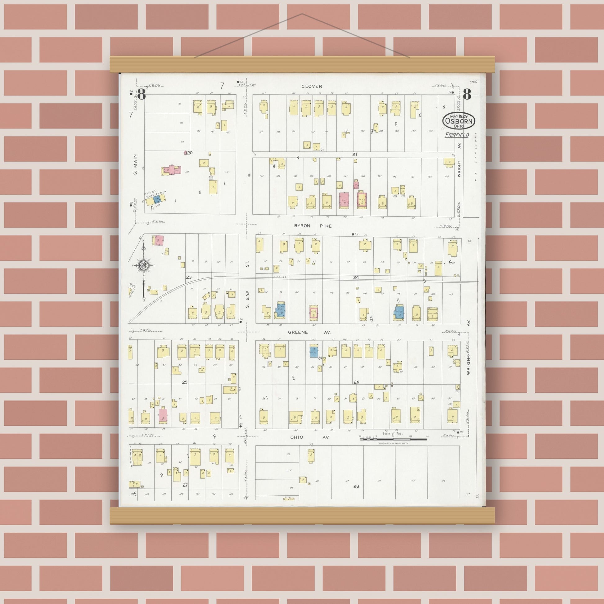 Old map wall art mockup — magnetic wood frame on brick wall — Sanborn Fire Insurance Map from Osborn, Greene County, Ohio (1929), Sheet #0008