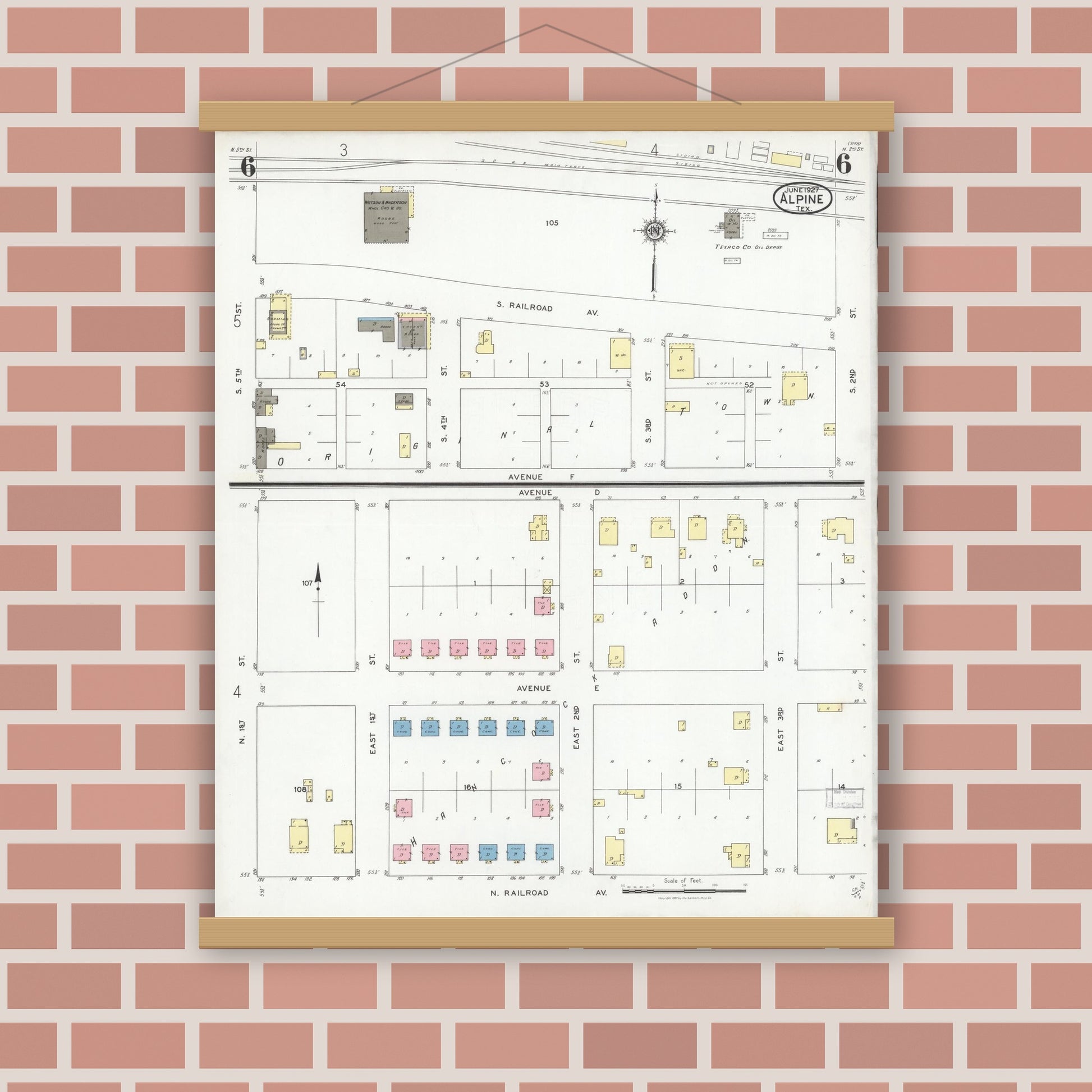 Old map wall art mockup — magnetic wood frame on brick wall — Sanborn Fire Insurance Map from Alpine, Brewster County, Texas (1927), Sheet #0006