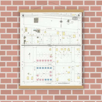 Old map wall art mockup — magnetic wood frame on brick wall — Sanborn Fire Insurance Map from Alpine, Brewster County, Texas (1927), Sheet #0006