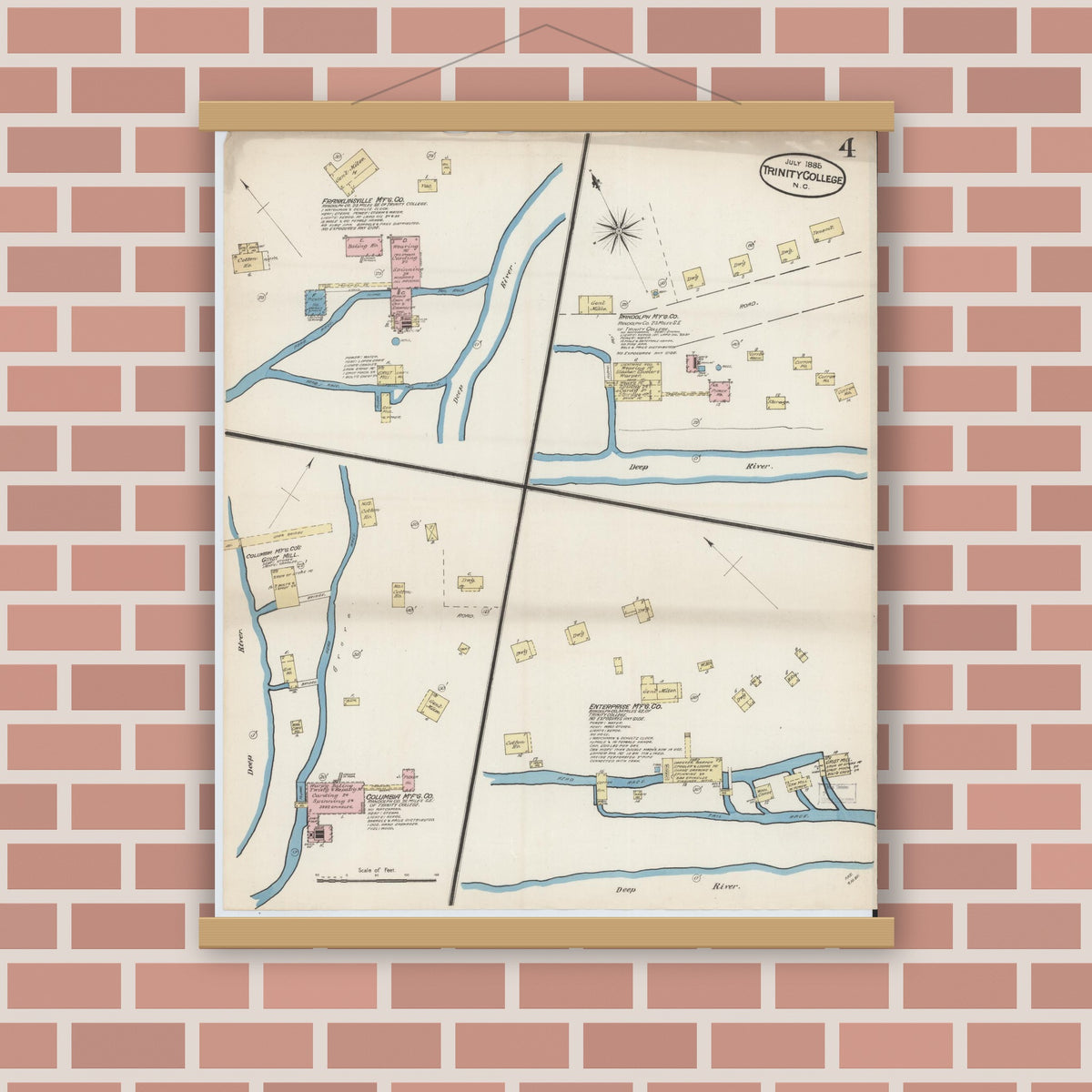 Old map wall art mockup — magnetic wood frame on brick wall — Sanborn Fire Insurance Map from Trinity College, Randolph County, North Carolina (1885), Sheet #0004