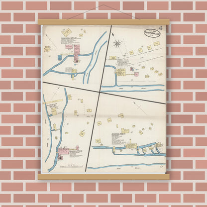 Old map wall art mockup — magnetic wood frame on brick wall — Sanborn Fire Insurance Map from Trinity College, Randolph County, North Carolina (1885), Sheet #0004