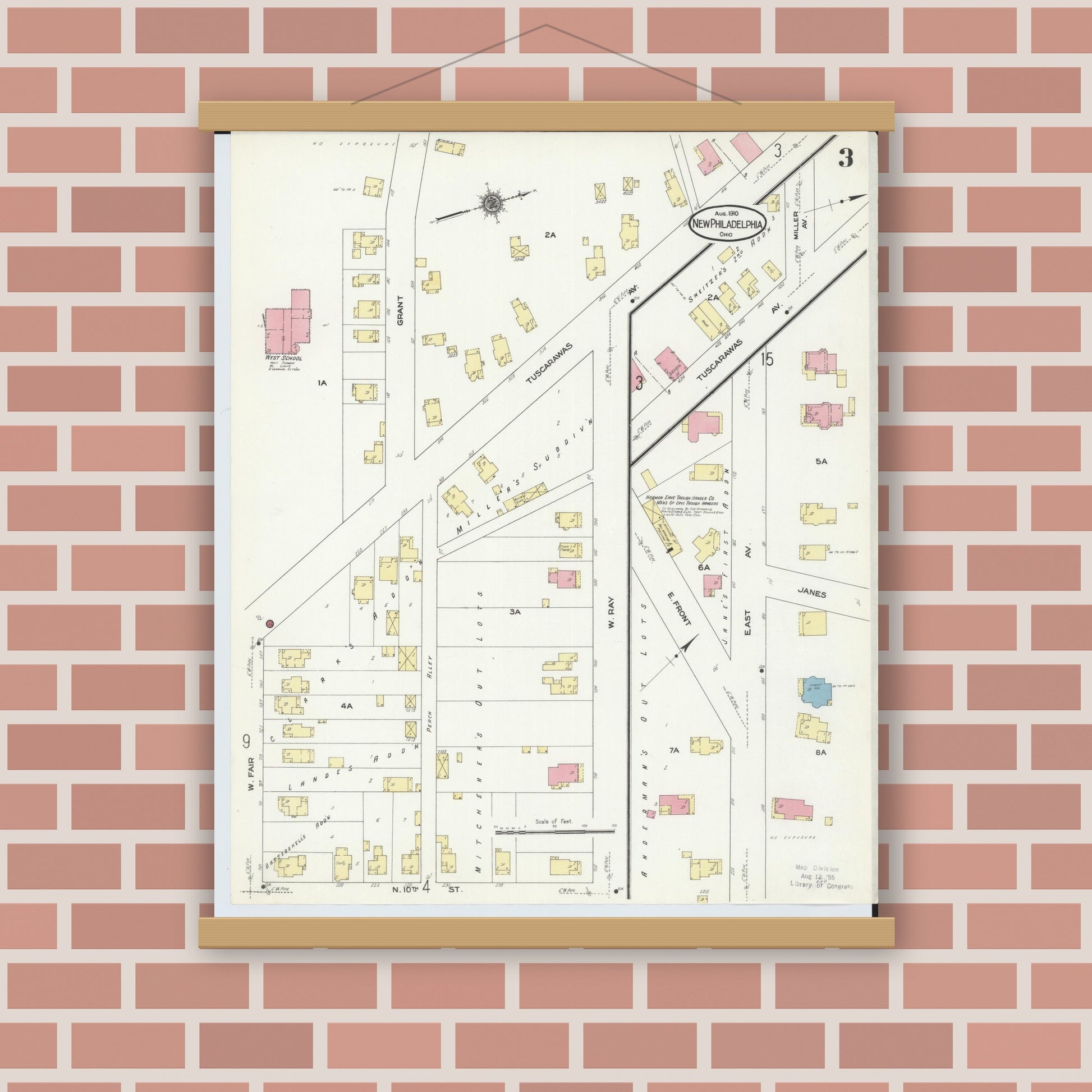 Old map wall art mockup — magnetic wood frame on brick wall — Sanborn Fire Insurance Map from New Philadelphia, Tuscarawas County, Ohio (1910), Sheet #0003