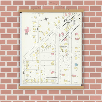 Old map wall art mockup — magnetic wood frame on brick wall — Sanborn Fire Insurance Map from New Philadelphia, Tuscarawas County, Ohio (1910), Sheet #0003