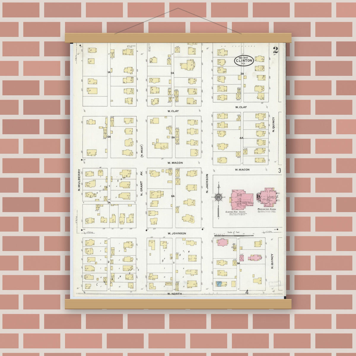 Old map wall art mockup — magnetic wood frame on brick wall — Sanborn Fire Insurance Map from Clinton, De Witt County, Illinois (1910), Sheet #0002