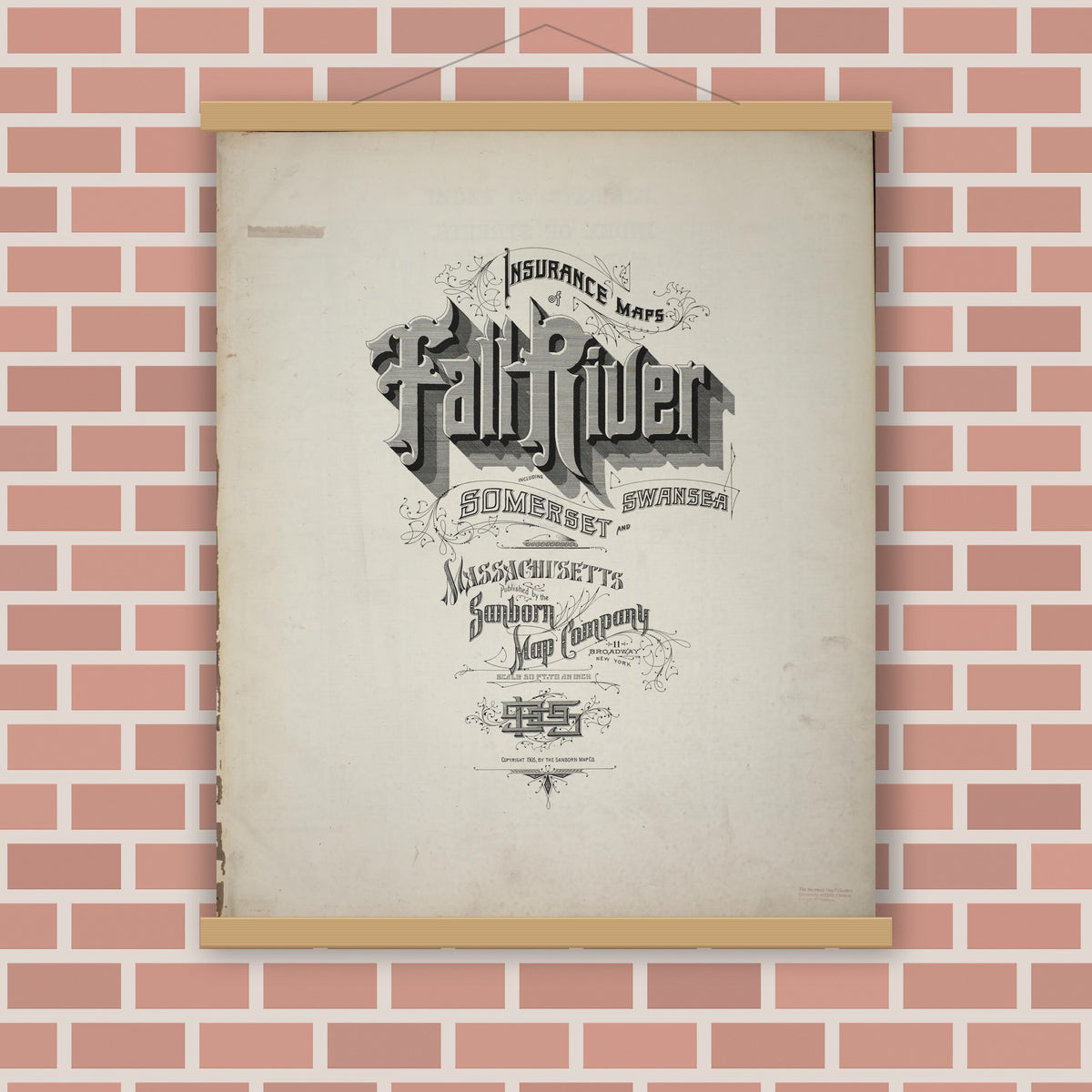 Old map wall art mockup — magnetic wood frame on brick wall — Sanborn Fire Insurance Map from Fall River, Bristol County, Massachusetts (1905), Sheet #0001