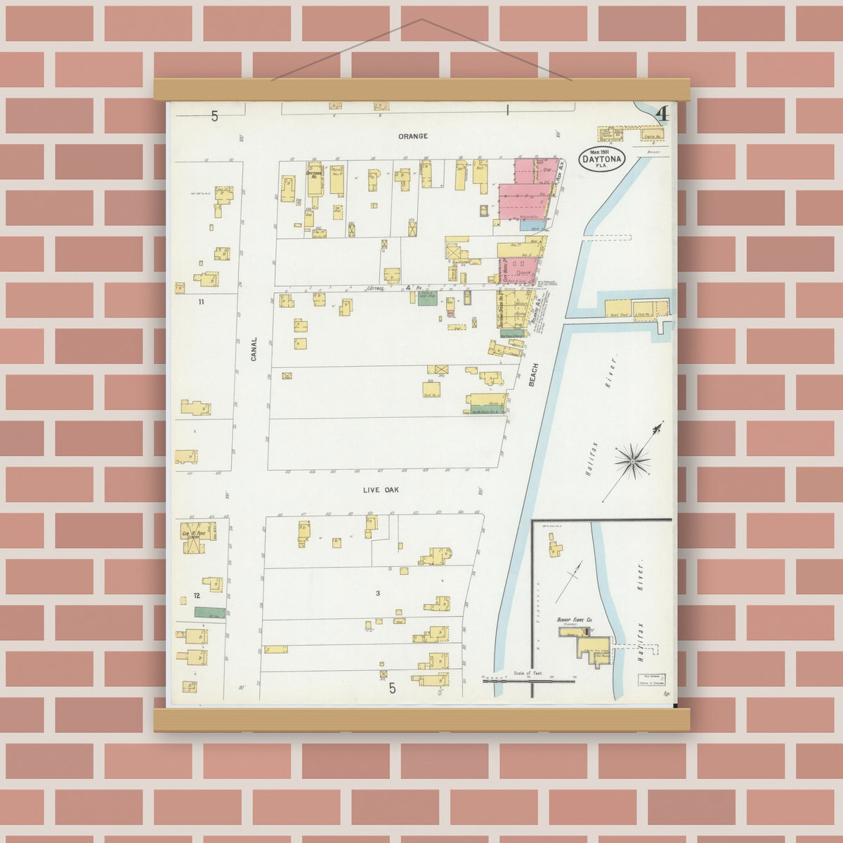 Old map wall art mockup — magnetic wood frame on brick wall — Sanborn Fire Insurance Map from Daytona, Volusia County, Florida (1901), Sheet #0004