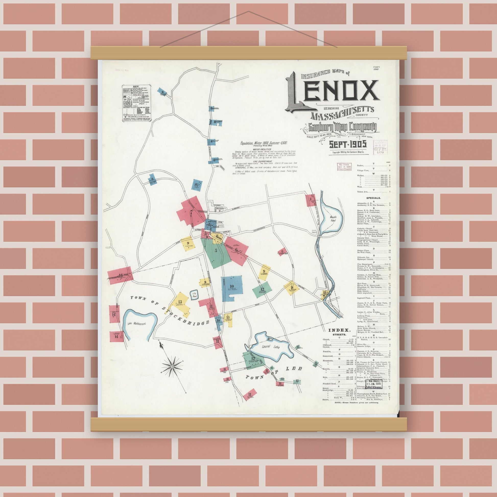 Old map wall art mockup — magnetic wood frame on brick wall — Sanborn Fire Insurance Map from Lenox, Berkshire County, Massachusetts (1905) - Complete Map Set