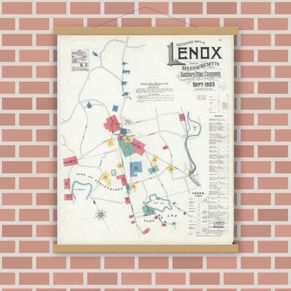 Old map wall art mockup — magnetic wood frame on brick wall — Sanborn Fire Insurance Map from Lenox, Berkshire County, Massachusetts (1905) - Complete Map Set