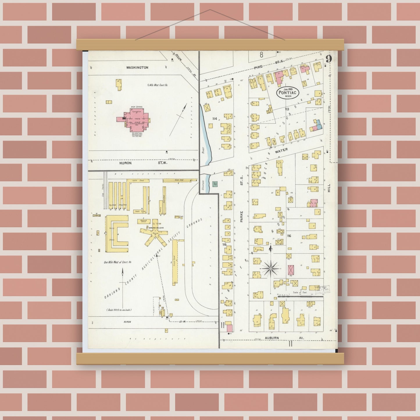 Old map wall art mockup — magnetic wood frame on brick wall — Sanborn Fire Insurance Map from Pontiac, Oakland County, Michigan (1903), Sheet #0009