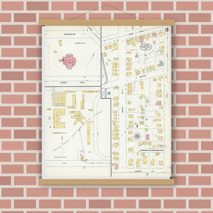 Old map wall art mockup — magnetic wood frame on brick wall — Sanborn Fire Insurance Map from Pontiac, Oakland County, Michigan (1903), Sheet #0009