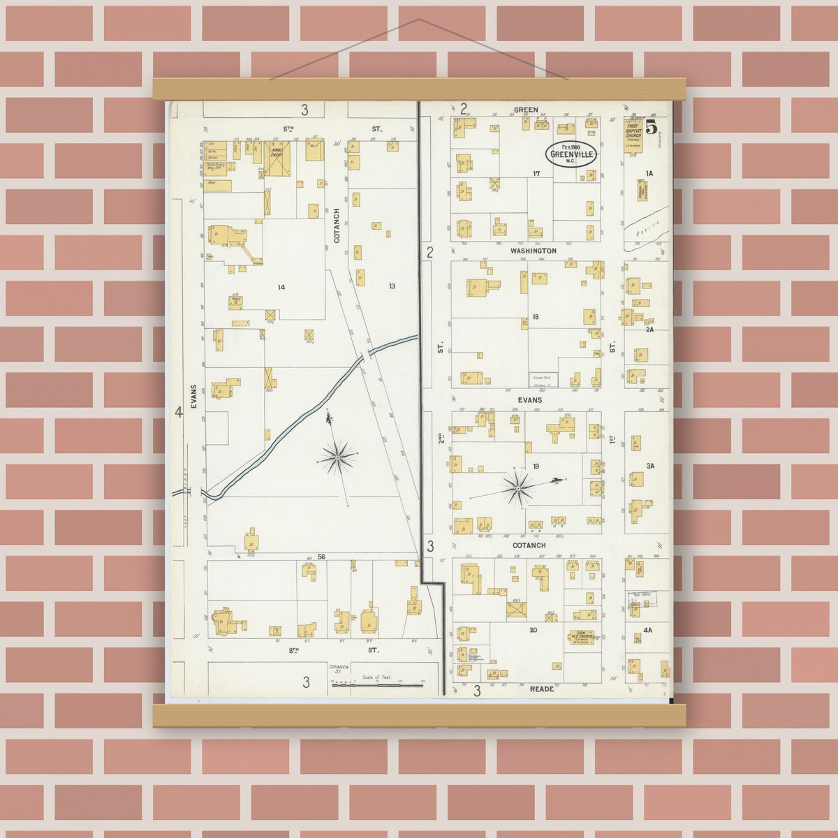 Old map wall art mockup — magnetic wood frame on brick wall — Sanborn Fire Insurance Map from Greenville, Pitt County, North Carolina (1900), Sheet #0005