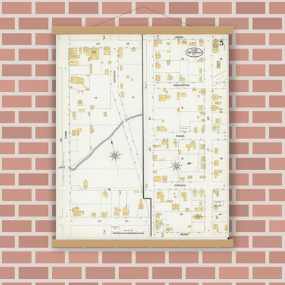Old map wall art mockup — magnetic wood frame on brick wall — Sanborn Fire Insurance Map from Greenville, Pitt County, North Carolina (1900), Sheet #0005