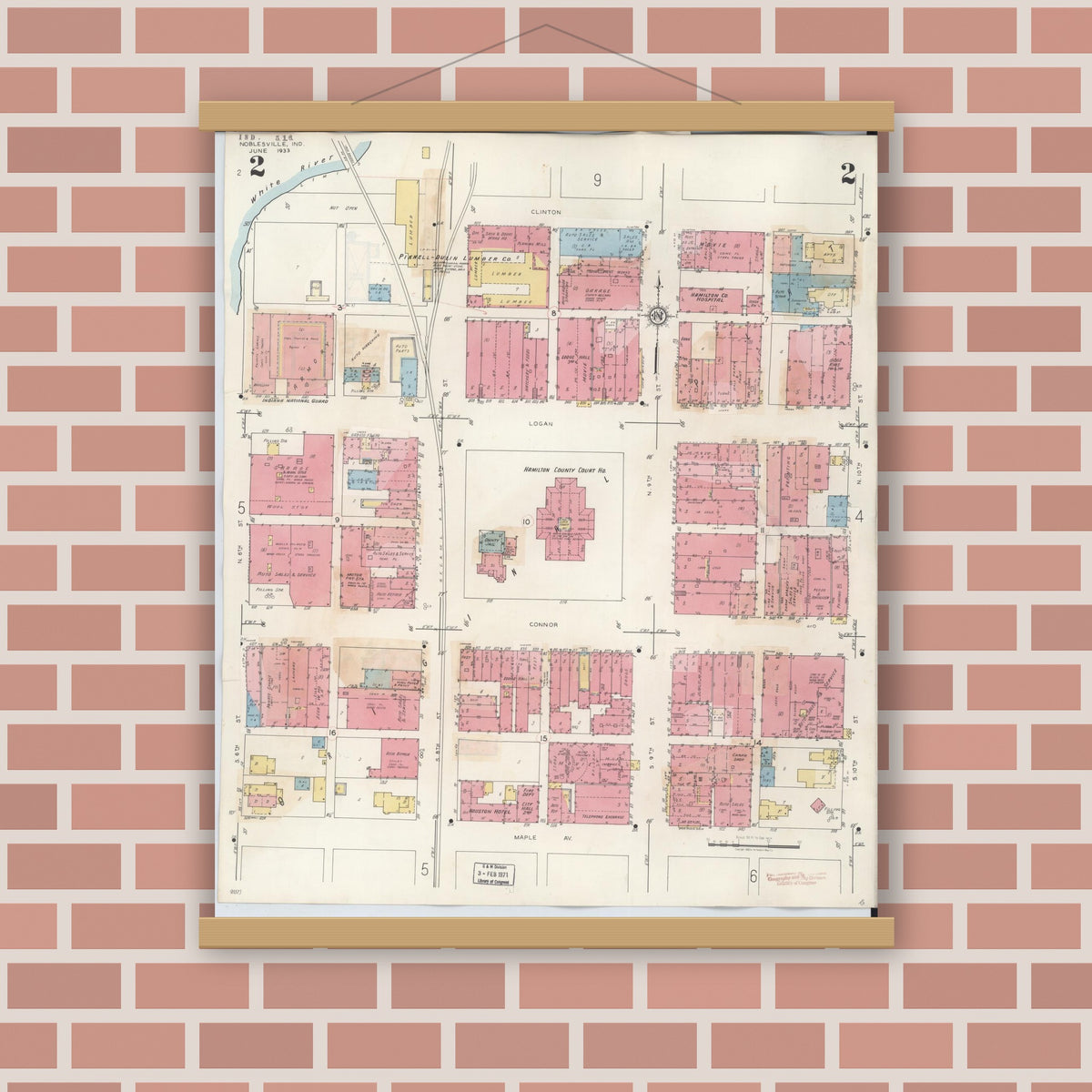 Old map wall art mockup — magnetic wood frame on brick wall — Sanborn Fire Insurance Map from Noblesville, Hamilton County, Indiana (1947), Sheet #0002