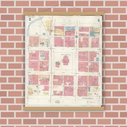 Old map wall art mockup — magnetic wood frame on brick wall — Sanborn Fire Insurance Map from Noblesville, Hamilton County, Indiana (1947), Sheet #0002