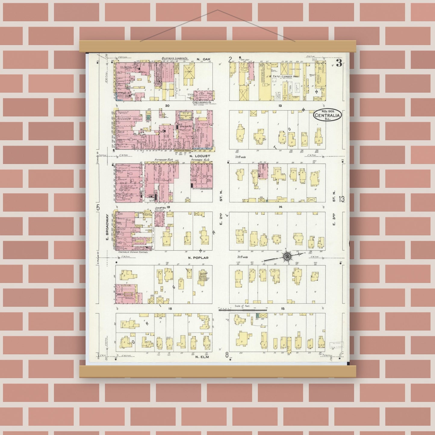 Old map wall art mockup — magnetic wood frame on brick wall — Sanborn Fire Insurance Map from Centralia, Marion, Clinton, Jefferson, and Washington Counties, Illinois (1909), Sheet #0003