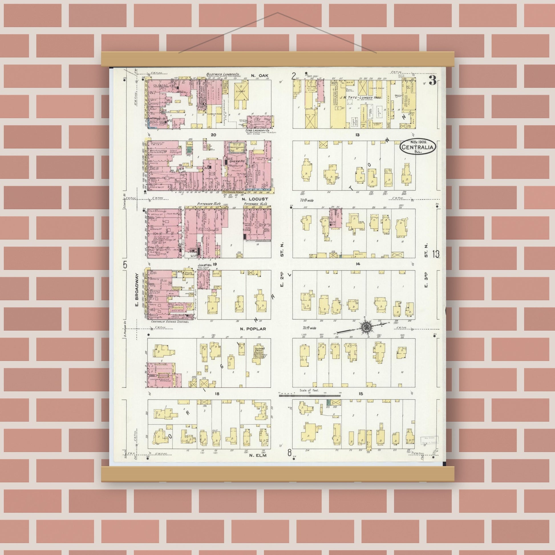 Old map wall art mockup — magnetic wood frame on brick wall — Sanborn Fire Insurance Map from Centralia, Marion, Clinton, Jefferson, and Washington Counties, Illinois (1909), Sheet #0003