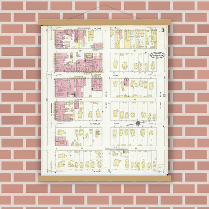 Old map wall art mockup — magnetic wood frame on brick wall — Sanborn Fire Insurance Map from Centralia, Marion, Clinton, Jefferson, and Washington Counties, Illinois (1909), Sheet #0003