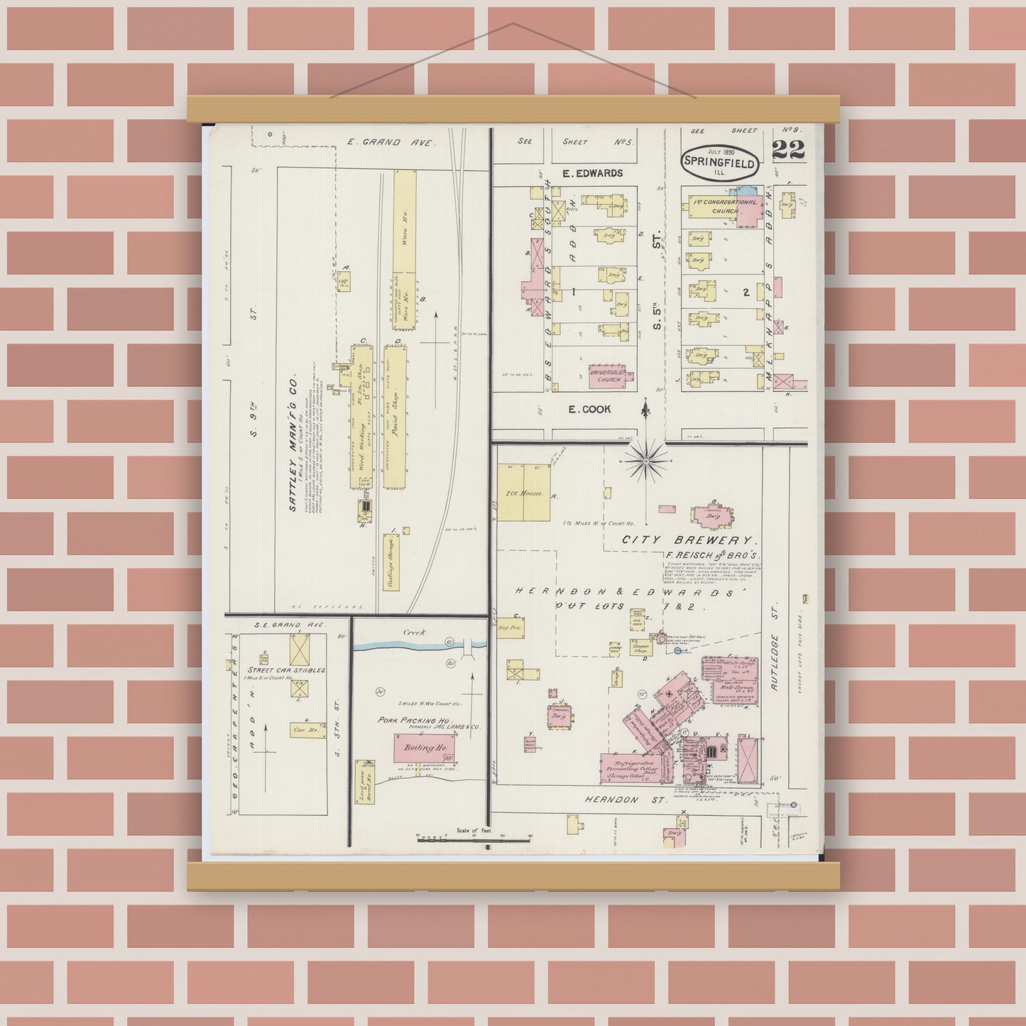 Old map wall art mockup — magnetic wood frame on brick wall — Sanborn Fire Insurance Map from Springfield, Sangamon County, Illinois (1890), Sheet #0022