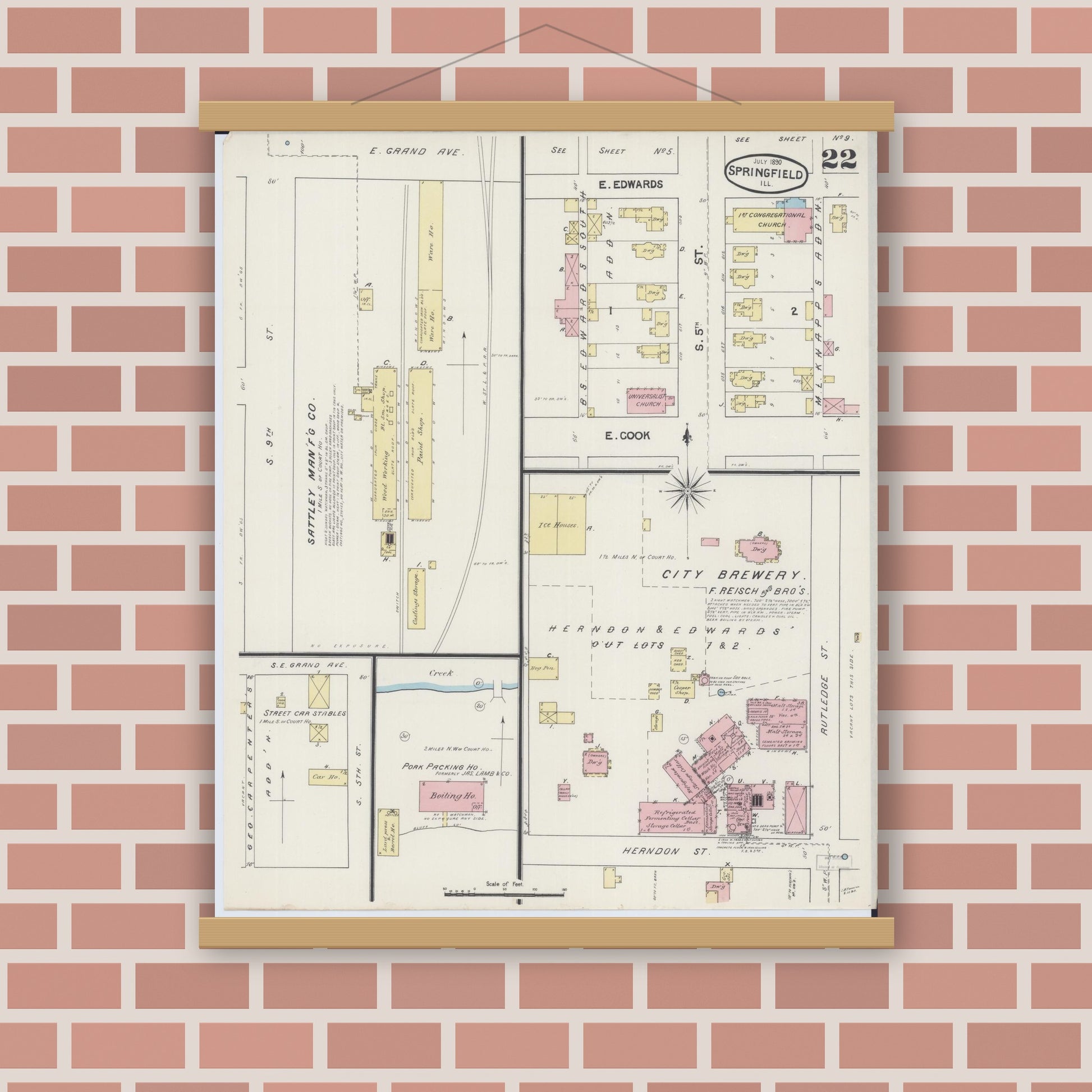 Old map wall art mockup — magnetic wood frame on brick wall — Sanborn Fire Insurance Map from Springfield, Sangamon County, Illinois (1890), Sheet #0022