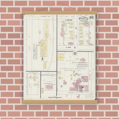 Old map wall art mockup — magnetic wood frame on brick wall — Sanborn Fire Insurance Map from Springfield, Sangamon County, Illinois (1890), Sheet #0022