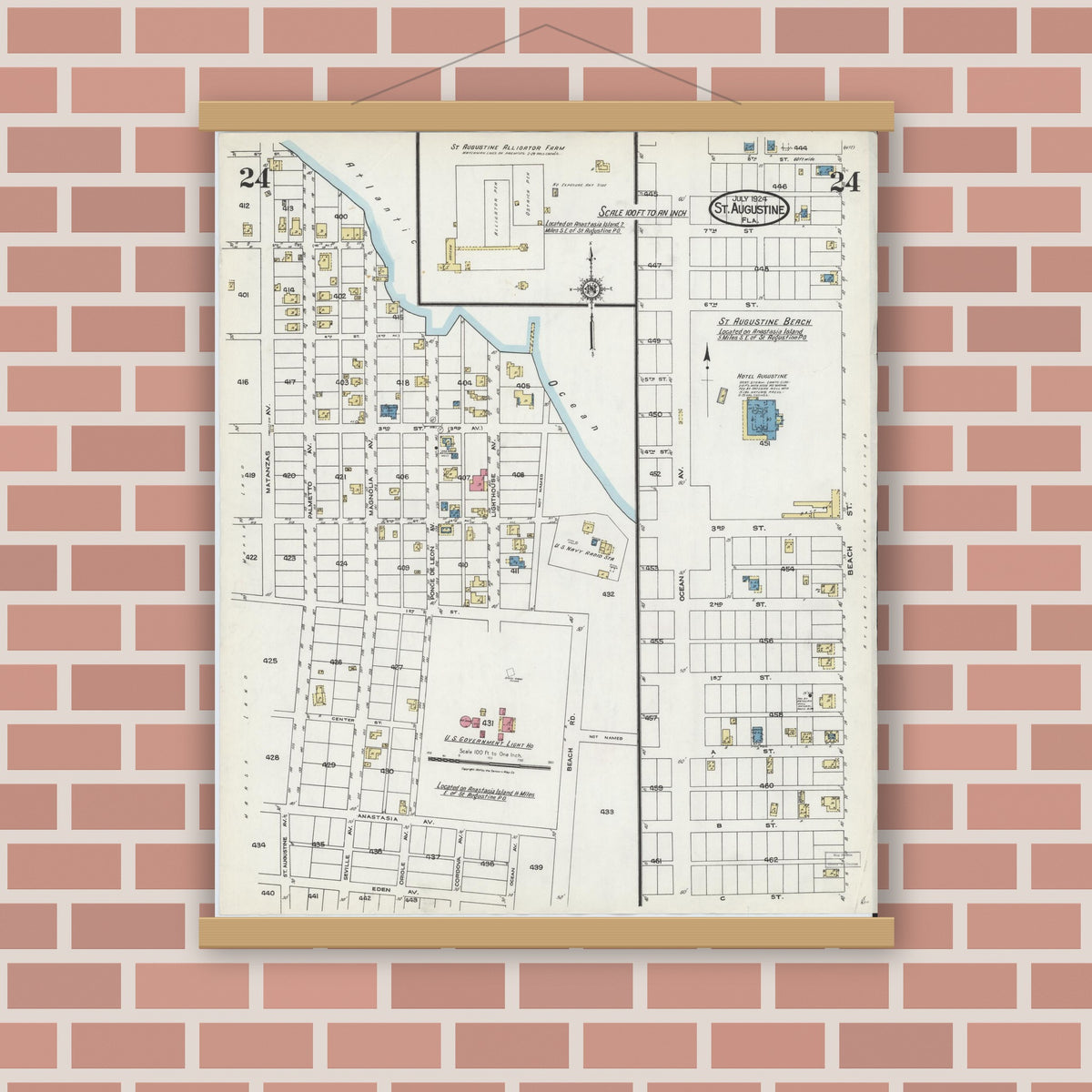 Old map wall art mockup — magnetic wood frame on brick wall — Sanborn Fire Insurance Map from Saint Augustine, Saint John's County, Florida (1924), Sheet #0024