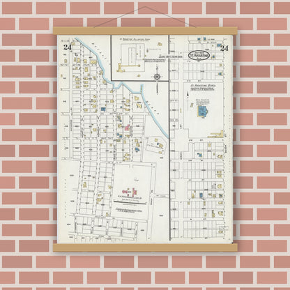 Old map wall art mockup — magnetic wood frame on brick wall — Sanborn Fire Insurance Map from Saint Augustine, Saint John's County, Florida (1924), Sheet #0024