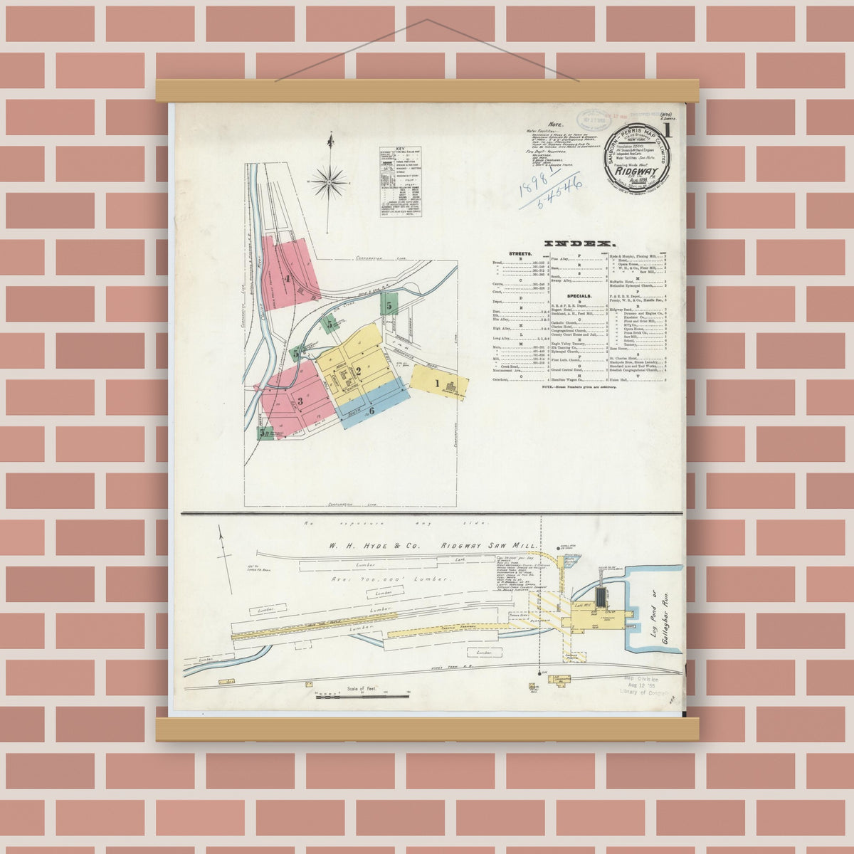 Old map wall art mockup — magnetic wood frame on brick wall — Sanborn Fire Insurance Map from Ridgway, Elk County, Pennsylvania (1898) - Complete Map Set