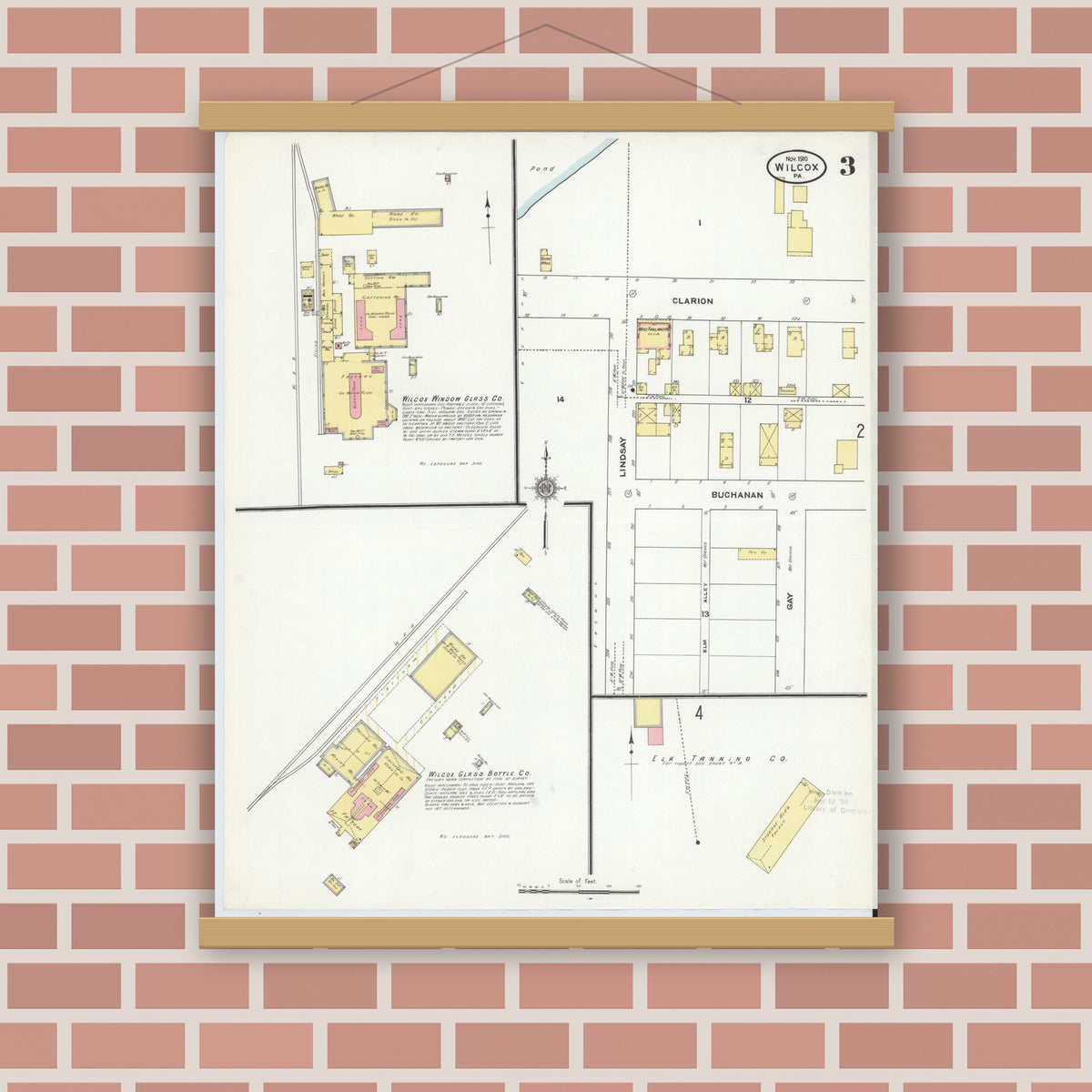 Old map wall art mockup — magnetic wood frame on brick wall — Sanborn Fire Insurance Map from Wilcox, Elk County, Pennsylvania (1910), Sheet #0003