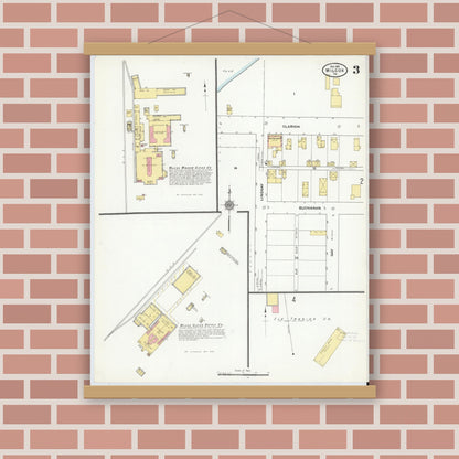 Old map wall art mockup — magnetic wood frame on brick wall — Sanborn Fire Insurance Map from Wilcox, Elk County, Pennsylvania (1910), Sheet #0003