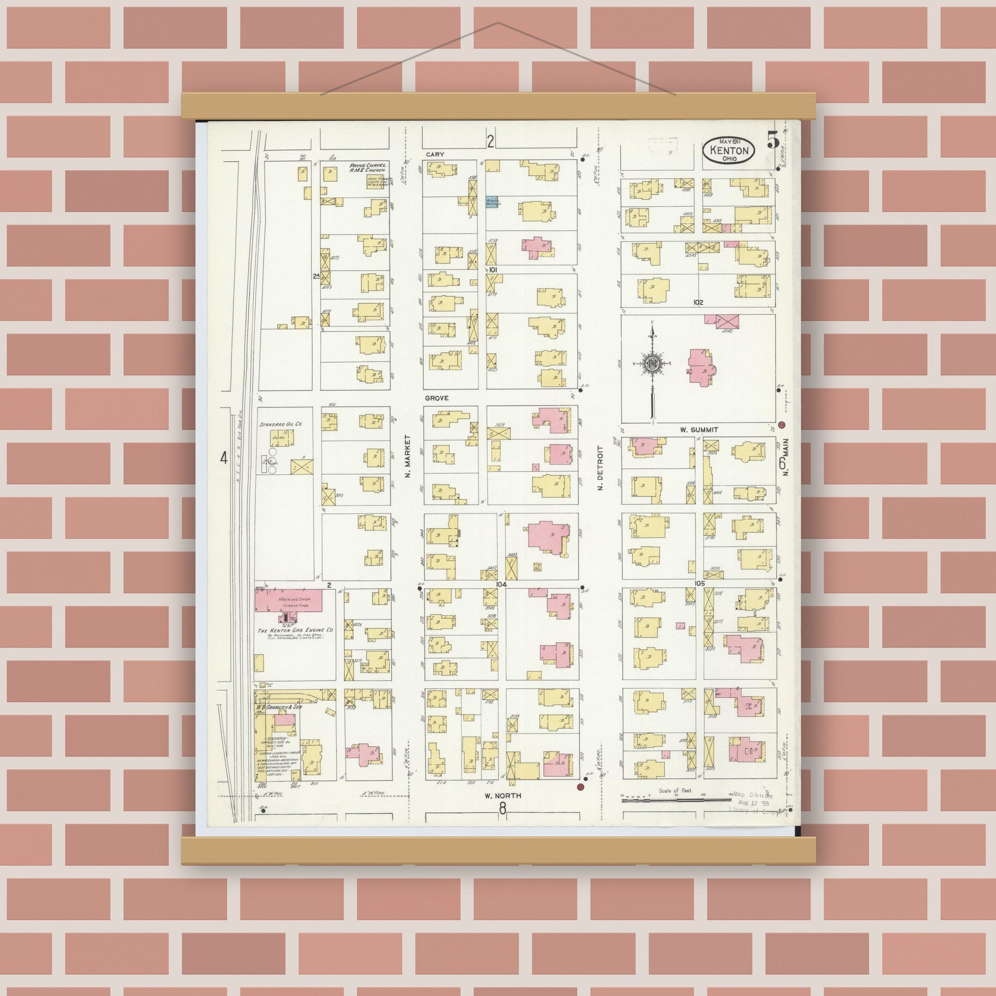 Old map wall art mockup — magnetic wood frame on brick wall — Sanborn Fire Insurance Map from Kenton, Hardin County, Ohio (1911), Sheet #0005