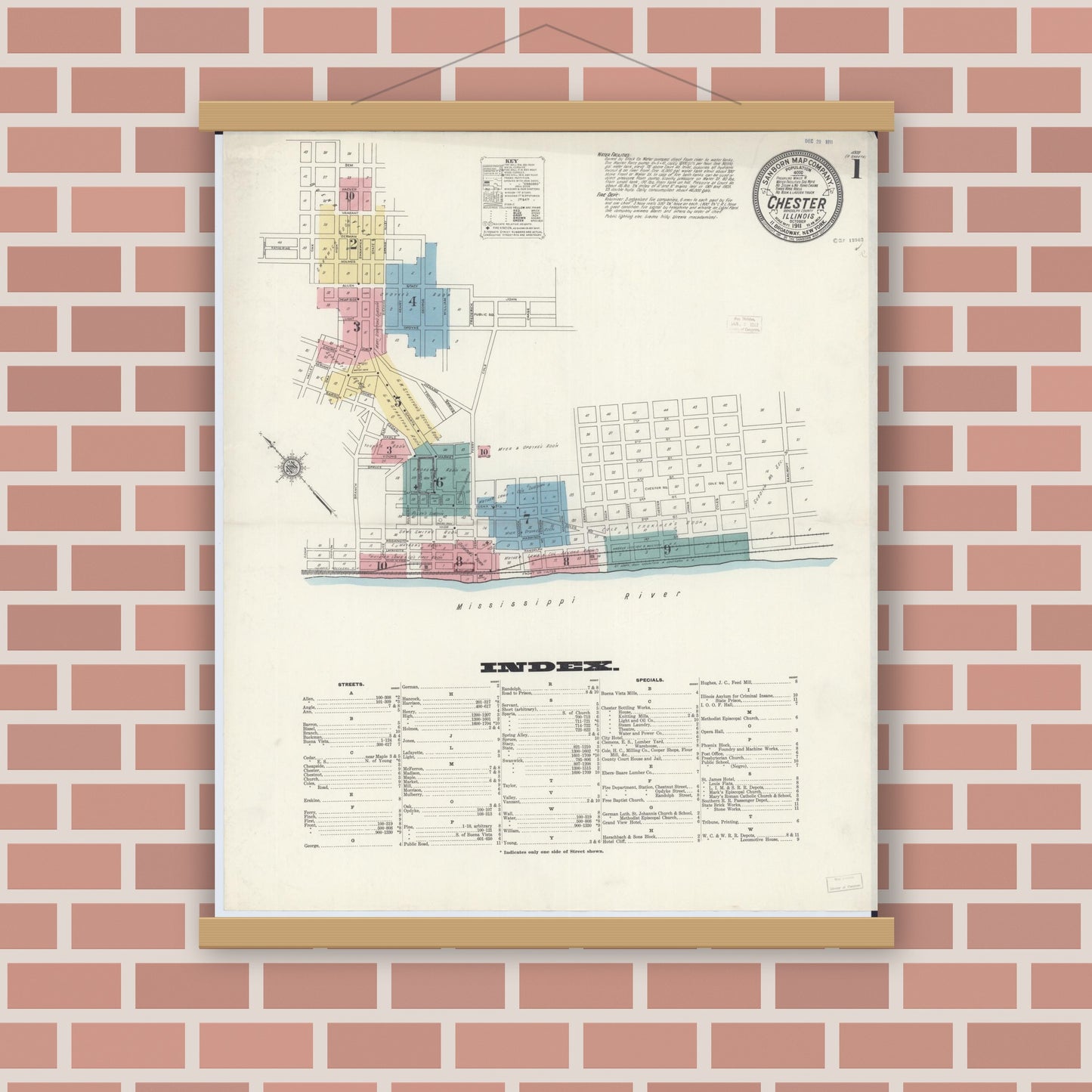 Old map wall art mockup — magnetic wood frame on brick wall — Sanborn Fire Insurance Map from Chester, Randolph County, Illinois (1911), Sheet #0001