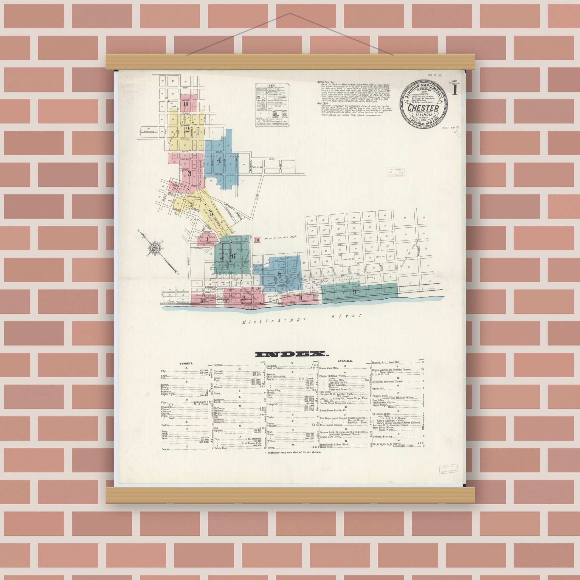 Old map wall art mockup — magnetic wood frame on brick wall — Sanborn Fire Insurance Map from Chester, Randolph County, Illinois (1911), Sheet #0001