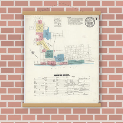 Old map wall art mockup — magnetic wood frame on brick wall — Sanborn Fire Insurance Map from Chester, Randolph County, Illinois (1911), Sheet #0001