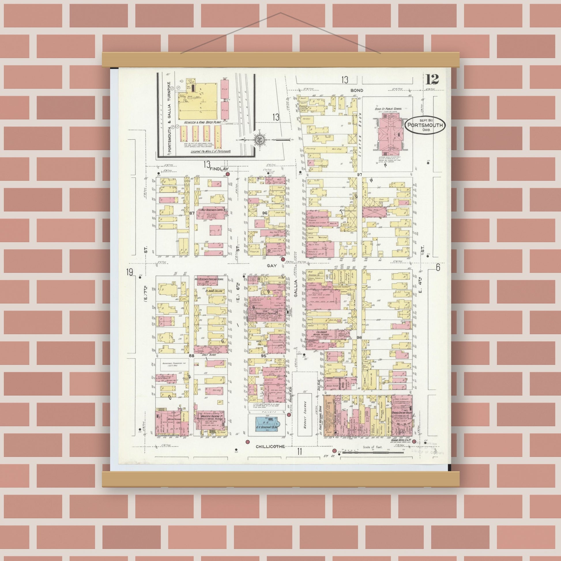 Old map wall art mockup — magnetic wood frame on brick wall — Sanborn Fire Insurance Map from Portsmouth, Scioto County, Ohio (1911), Sheet #0012