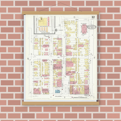 Old map wall art mockup — magnetic wood frame on brick wall — Sanborn Fire Insurance Map from Portsmouth, Scioto County, Ohio (1911), Sheet #0012
