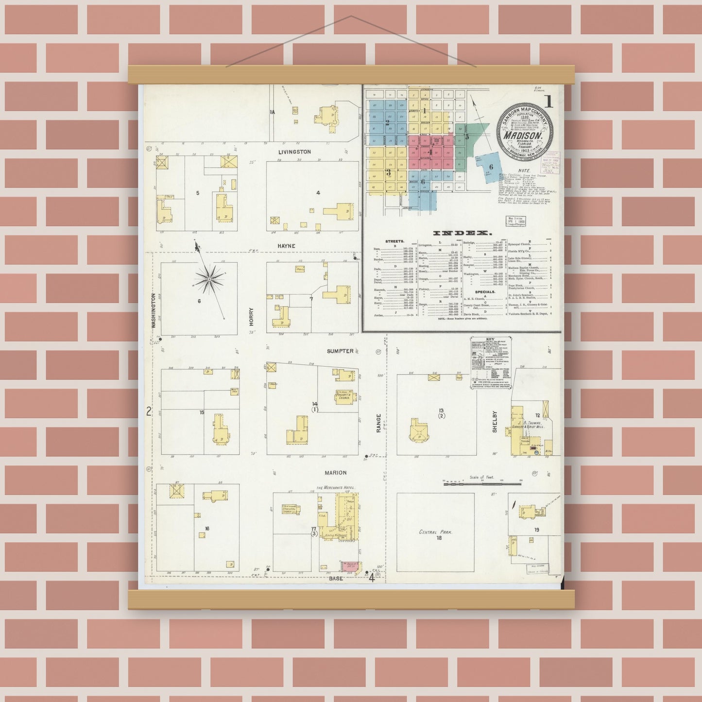 Old map wall art mockup — magnetic wood frame on brick wall — Sanborn Fire Insurance Map from Madison, Madison County, Florida (1903), Sheet #0001