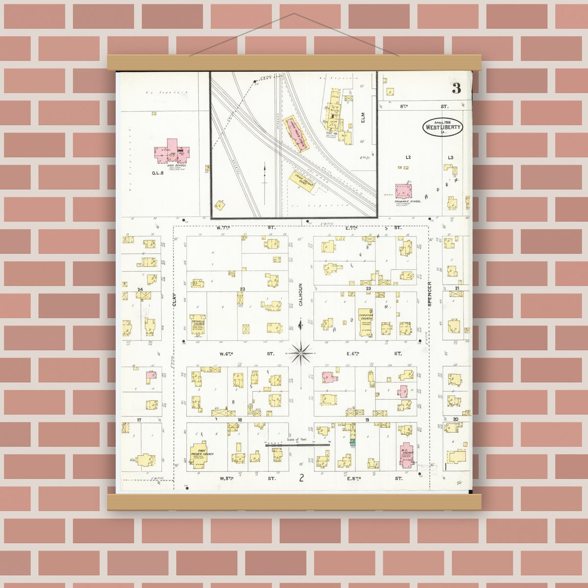 Old map wall art mockup — magnetic wood frame on brick wall — Sanborn Fire Insurance Map from West Liberty, Muscatine County, Iowa (1906), Sheet #0003
