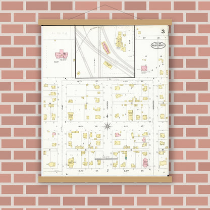 Old map wall art mockup — magnetic wood frame on brick wall — Sanborn Fire Insurance Map from West Liberty, Muscatine County, Iowa (1906), Sheet #0003