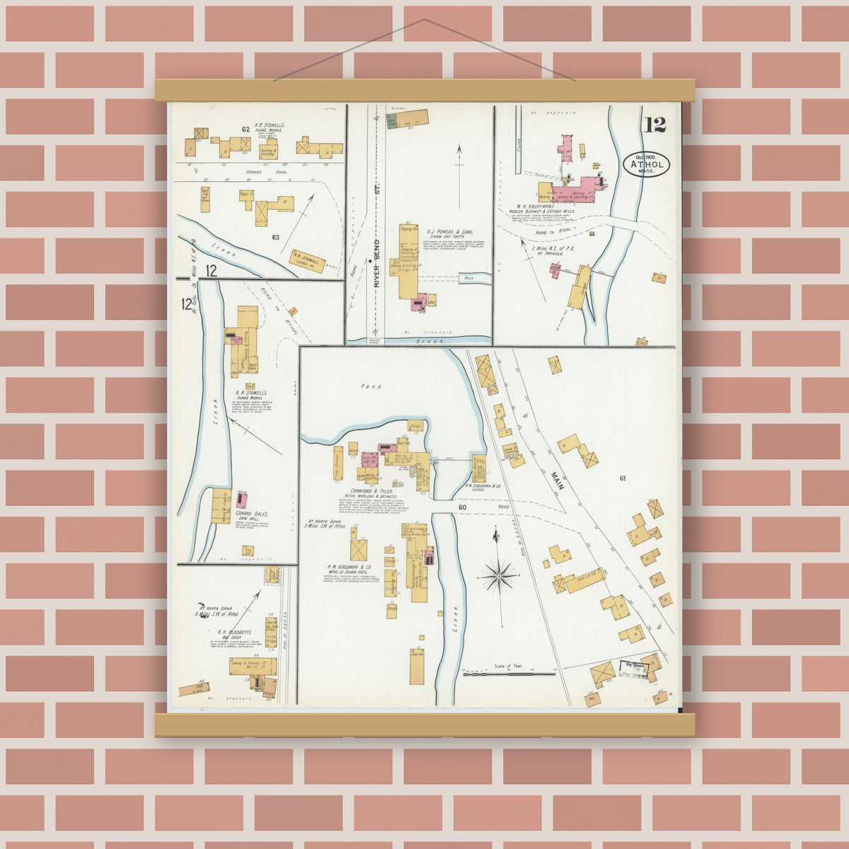 Old map wall art mockup — magnetic wood frame on brick wall — Sanborn Fire Insurance Map from Athol, Worcester County, Massachusetts (1900), Sheet #0012