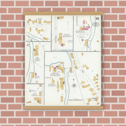 Old map wall art mockup — magnetic wood frame on brick wall — Sanborn Fire Insurance Map from Athol, Worcester County, Massachusetts (1900), Sheet #0012