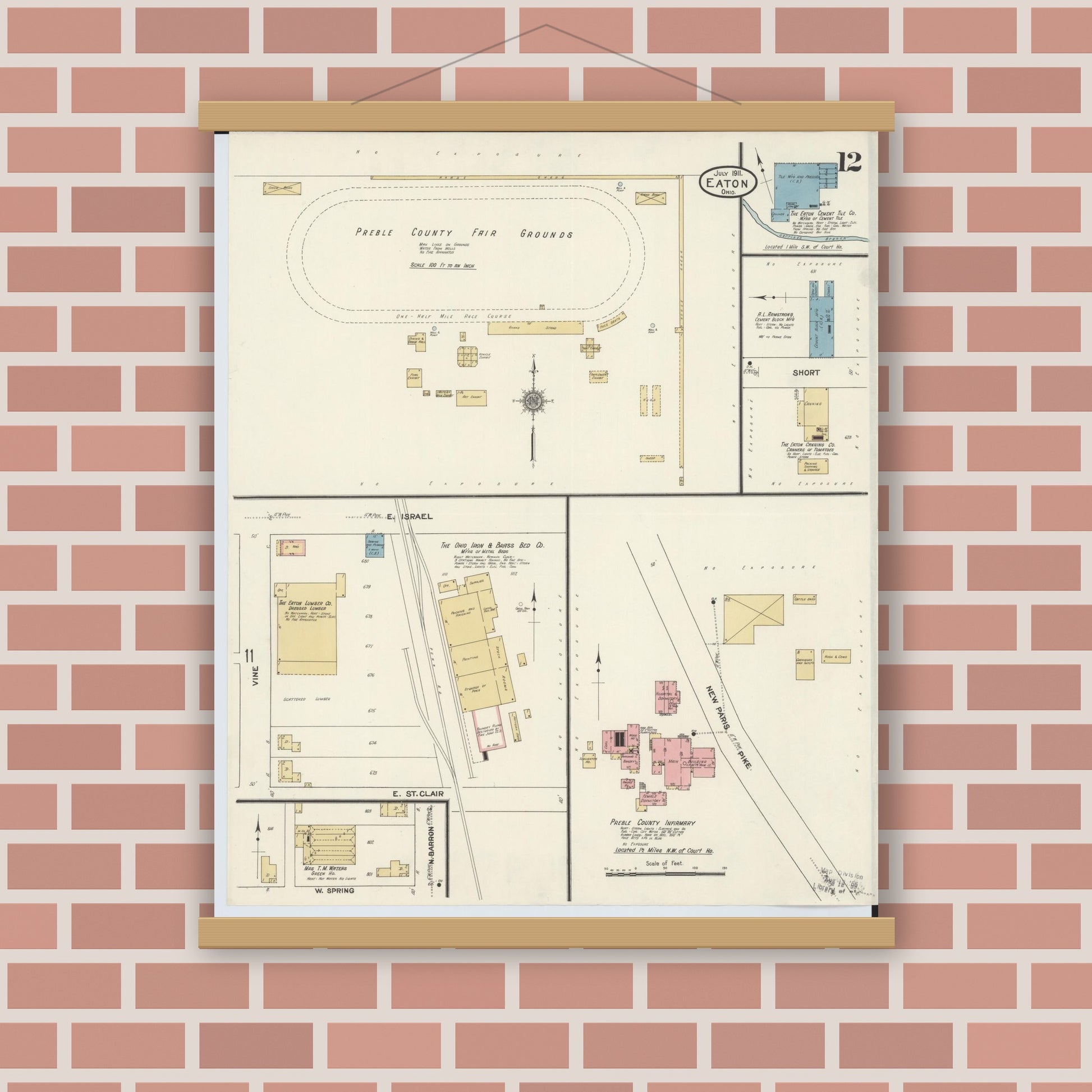 Old map wall art mockup — magnetic wood frame on brick wall — Sanborn Fire Insurance Map from Eaton, Preble County, Ohio (1911), Sheet #0012