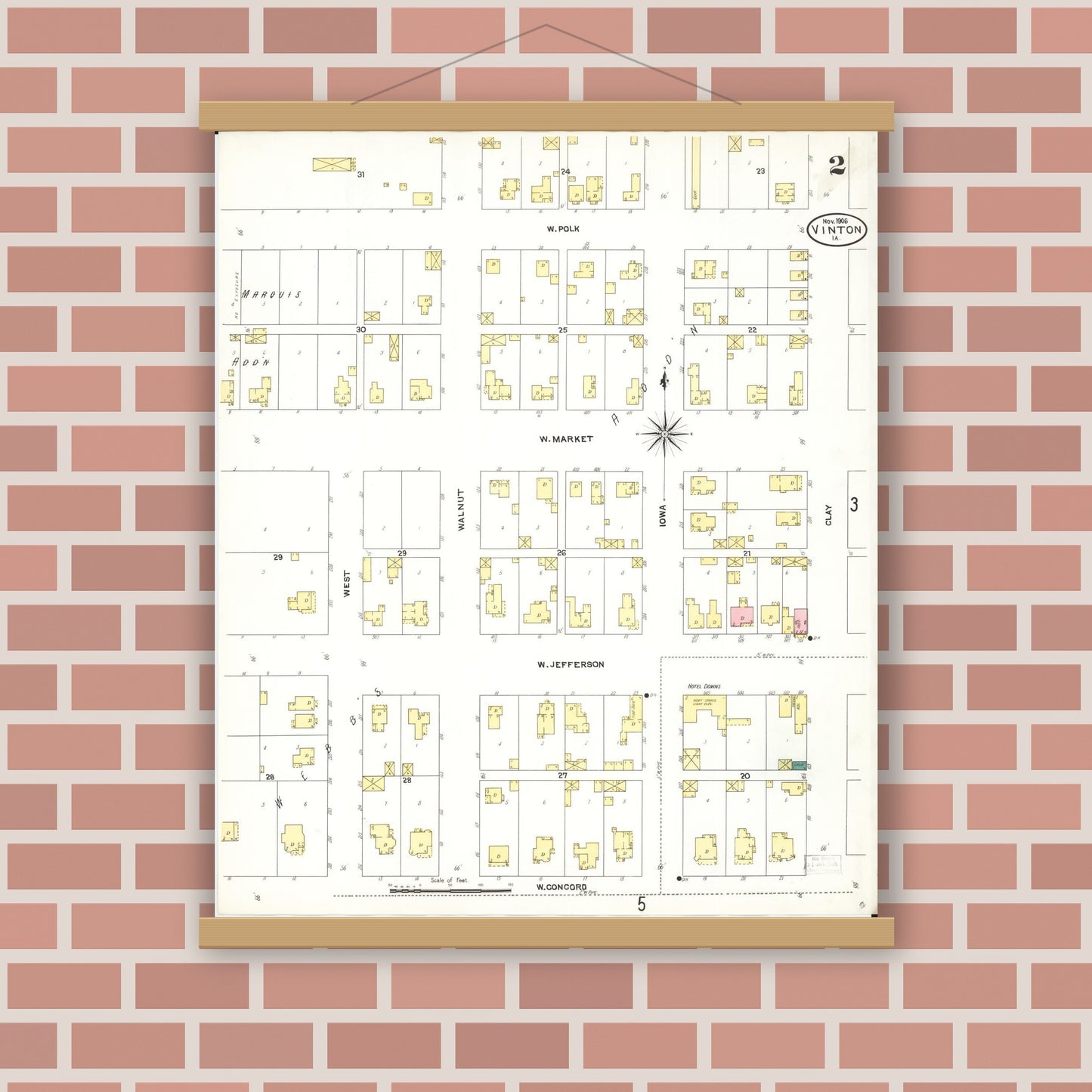 Old map wall art mockup — magnetic wood frame on brick wall — Sanborn Fire Insurance Map from Vinton, Benton County, Iowa (1906), Sheet #0002