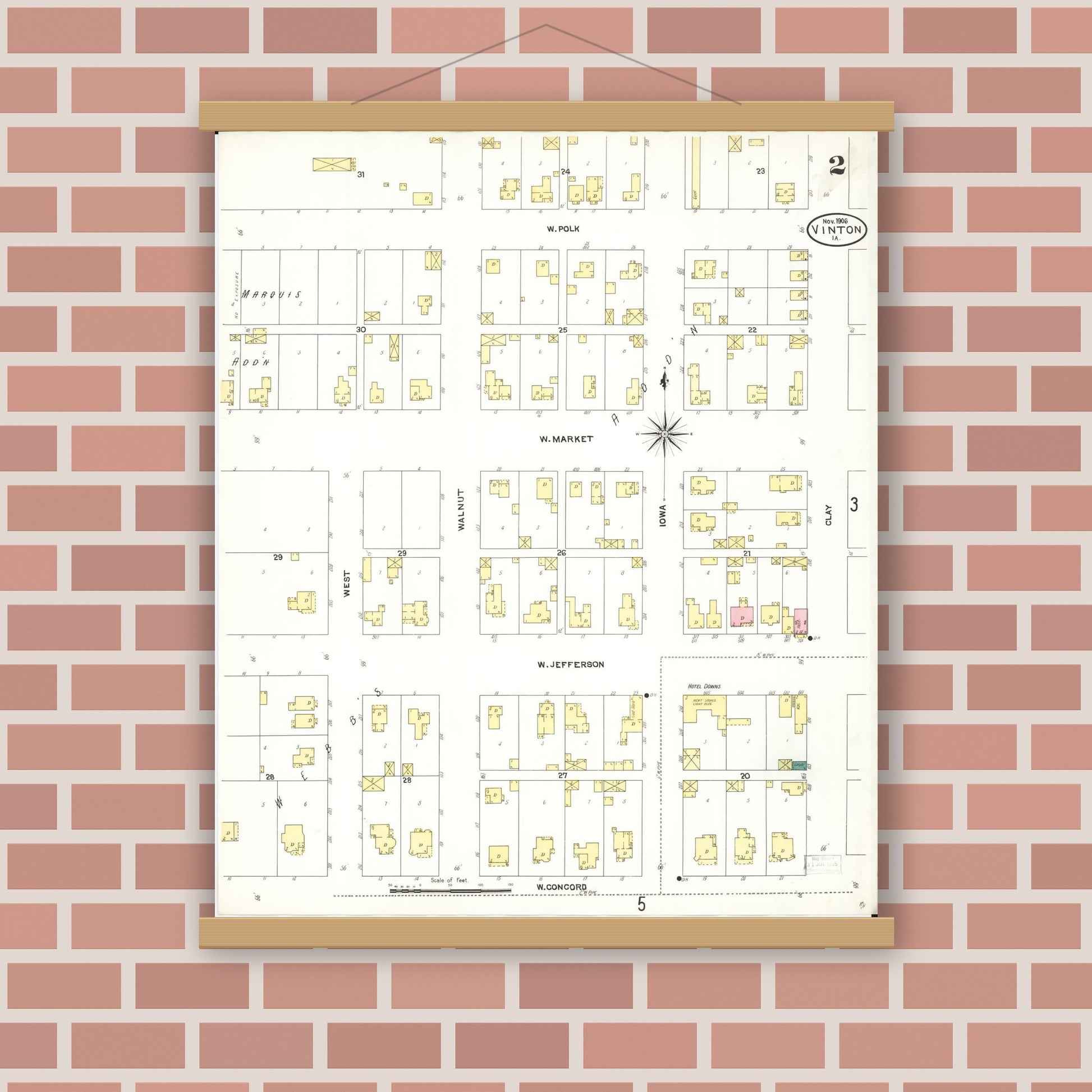 Old map wall art mockup — magnetic wood frame on brick wall — Sanborn Fire Insurance Map from Vinton, Benton County, Iowa (1906), Sheet #0002