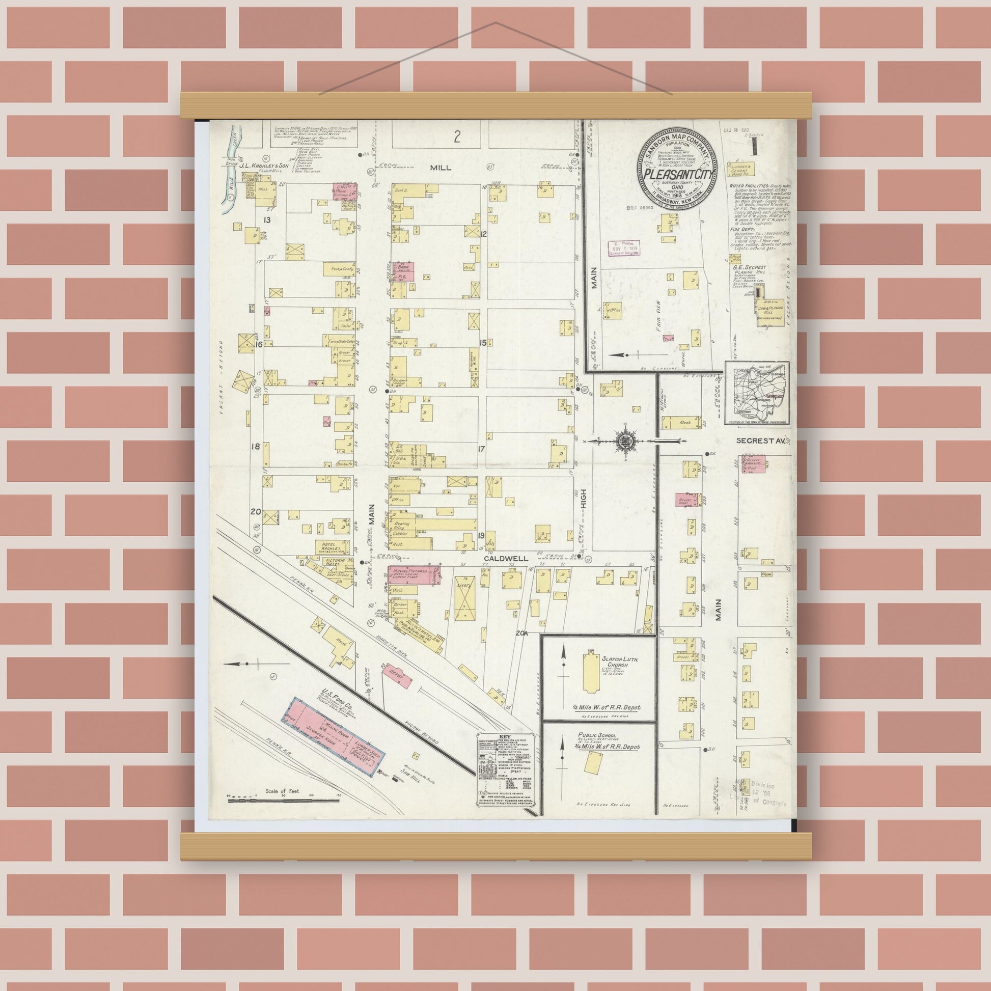 Old map wall art mockup — magnetic wood frame on brick wall — Sanborn Fire Insurance Map from Pleasant City, Guernsey County, Ohio (1913), Sheet #0001
