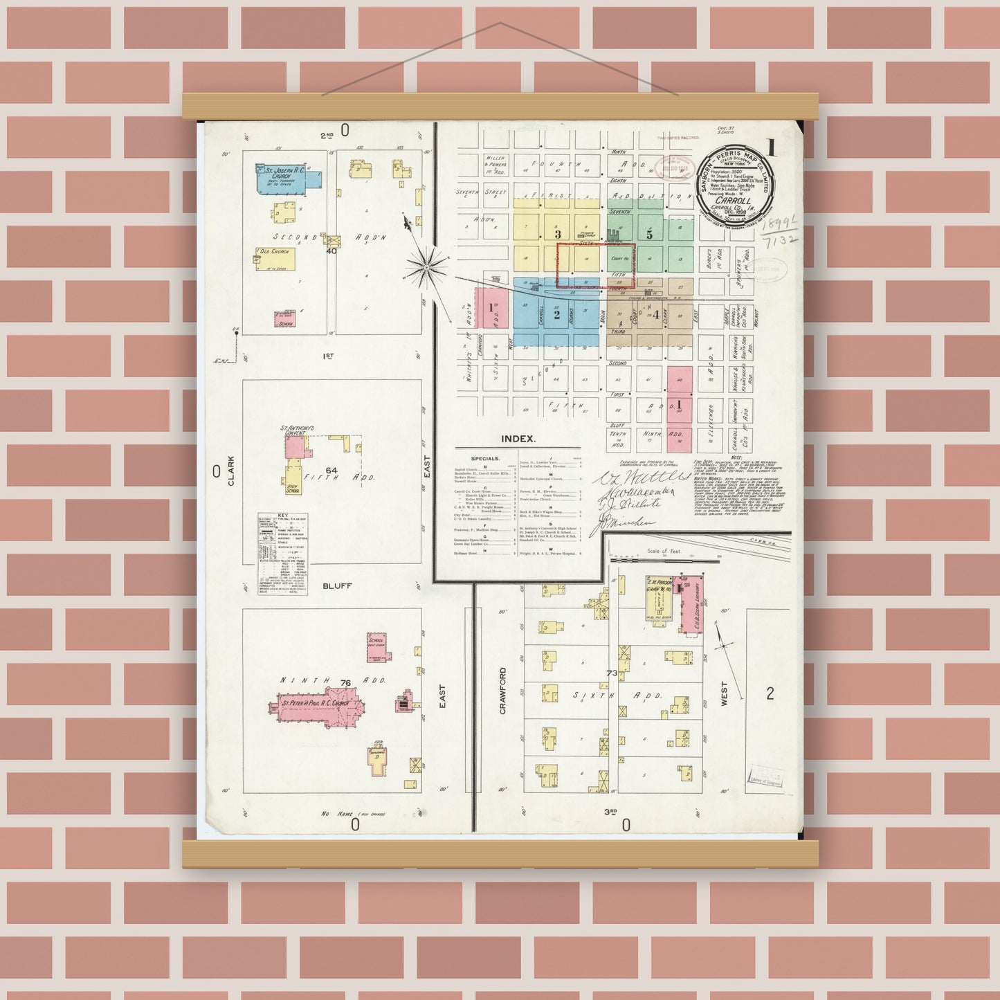 Old map wall art mockup — magnetic wood frame on brick wall — Sanborn Fire Insurance Map from Carroll, Carroll County, Iowa (1898) â€” Complete Set